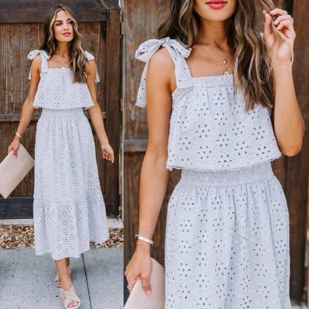 VICI blue eyelet tie shoulder midi dress